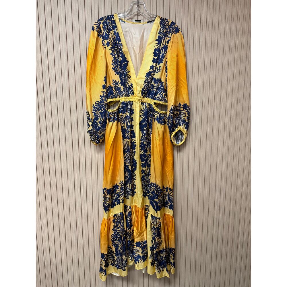 SANDRO PARIS Ocher Viscose Midi Dress In Yellow Blue Sz 40 / US8 MSRP $595 New - Picture 2 of 16
